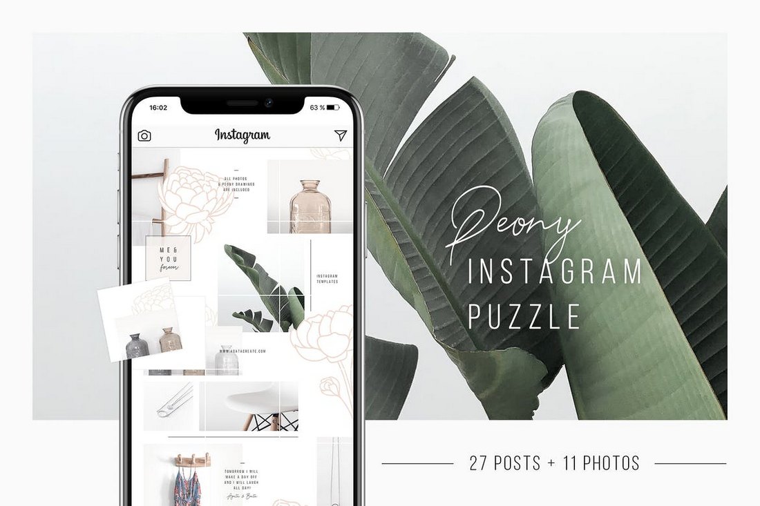 Peony Instagram Puzzle Template + 11 Photos