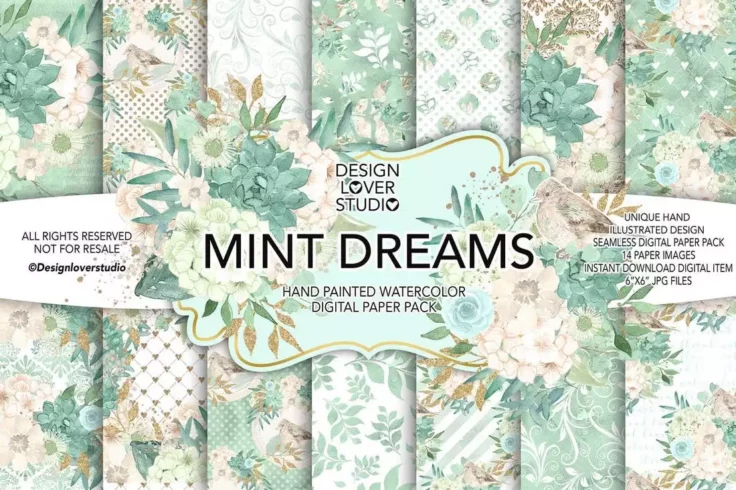 View Information about MINT DREAM Watercolor Digital Paper Backgrounds